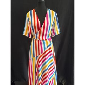 Women’s Color Me Courtney Taira Wrap Dress Multi Color Striped Maxi Sz M